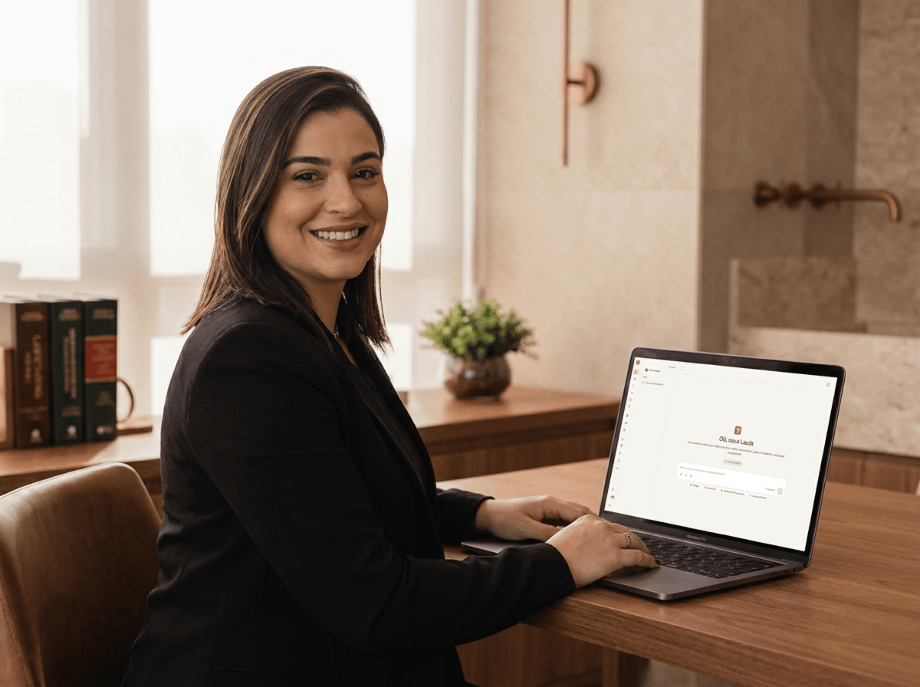 Advogada revisando peça na LexHub, com fluxos especializados por área do direito