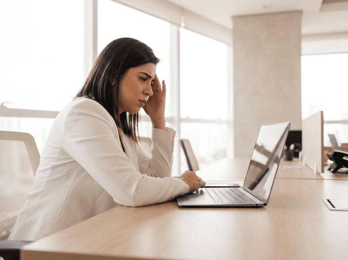 Advogada em frente ao laptop, cansada de conferir jurisprudência manualmente